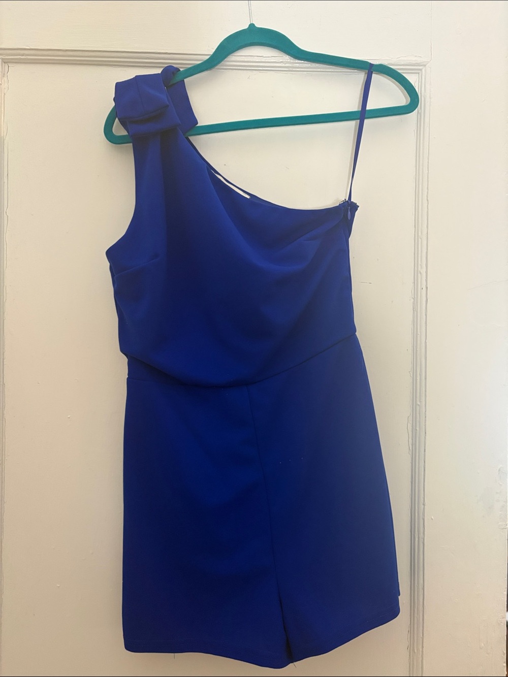 One-Shoulder Royal Blue Romper with Bow Detail